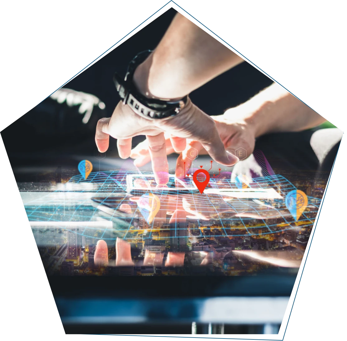 Hands interacting with digital map overlay